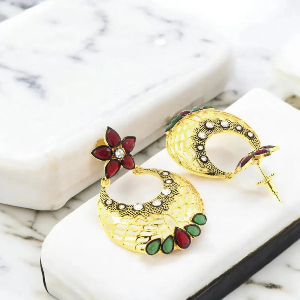 Antique-inspired Flower Chaand Bali Earrings adorned with Kundan-Polki and American diamonds, perfect for festive occasions.