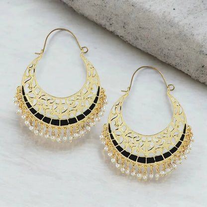 Antique Gold Filigree Chaand Bali Earrings with black Meenakari work and pearl detailing, perfect for traditional occasions.