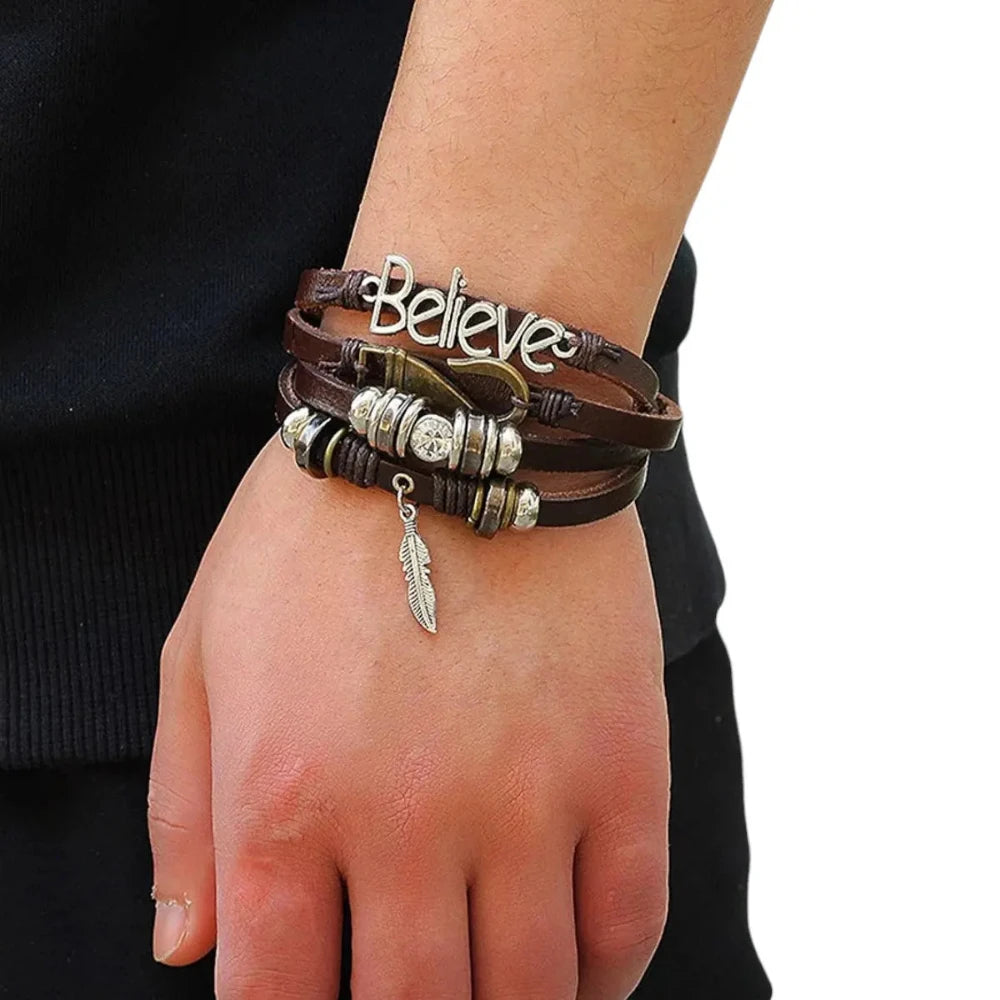 Handcrafted brown leather bracelet for men with silver-oxidized accents, beaded pattern, and adjustable elastic.