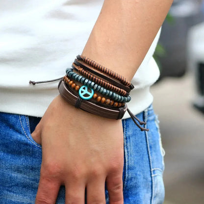 Handcrafted brown leather multi-strand bracelet with Tibetan beads, adjustable to fit any wrist size.