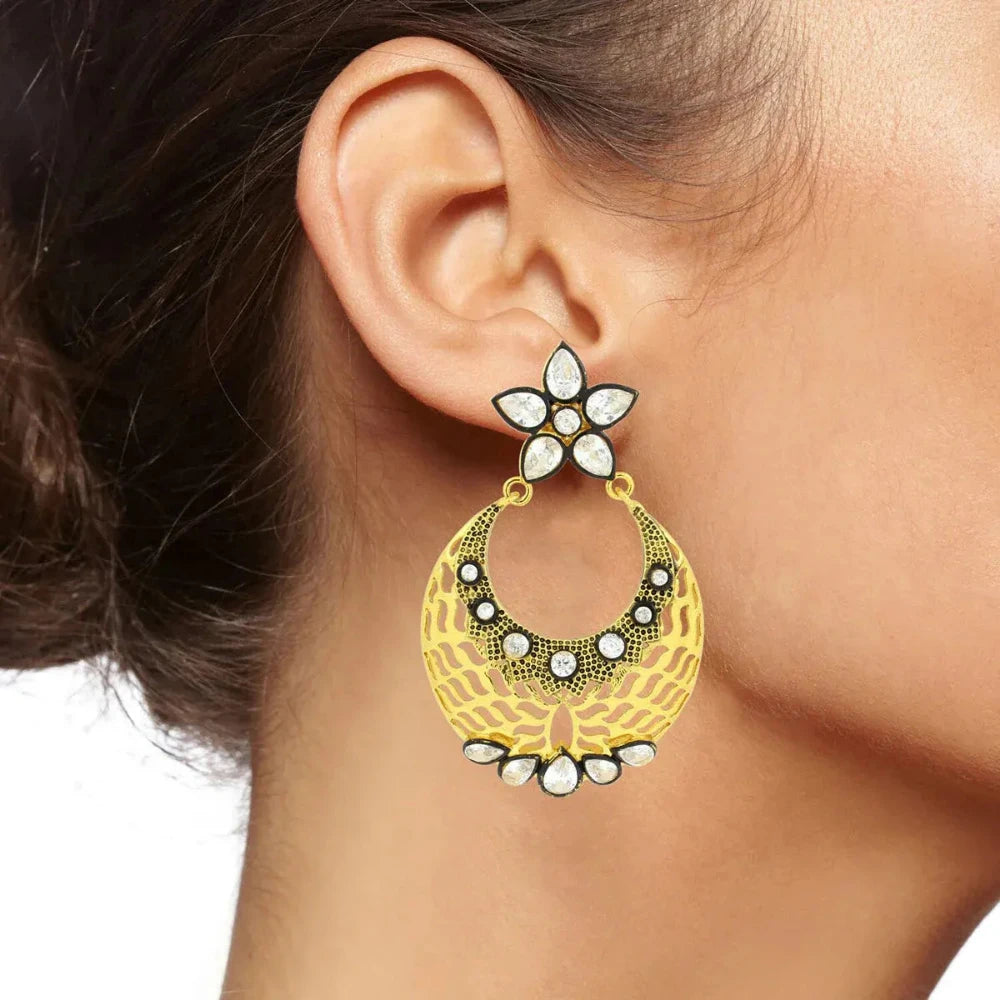 Lightweight Flower Chaand Bali Earrings with handpicked Kundan-Polki stones, perfect for all-day wear.