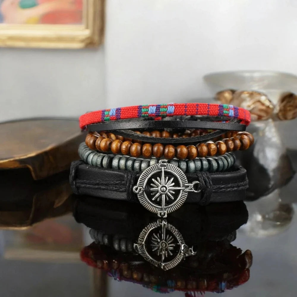 Men's Premium Leather Bracelet with Wooden Beads, Men's Bracelet, Genuine Leather Bracelet, Unique Design, Premium Quality, Multi-Strand Bracelet