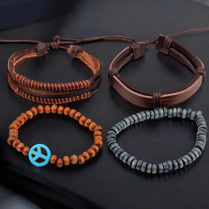 Men’s adjustable leather wristband bracelet with a mix of matte and glossy finishes and vibrant Tibetan beads.