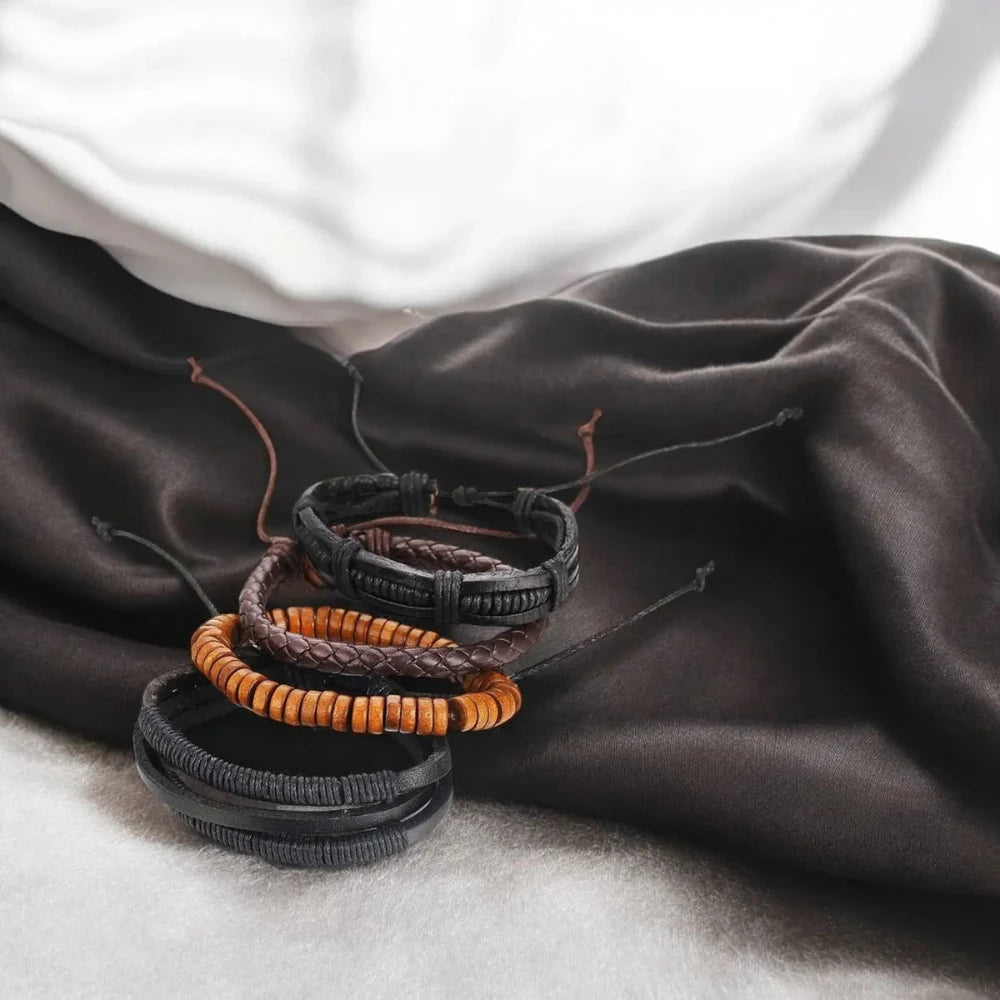 Men's handcrafted genuine leather bracelet with wooden beads and matte brown finish.