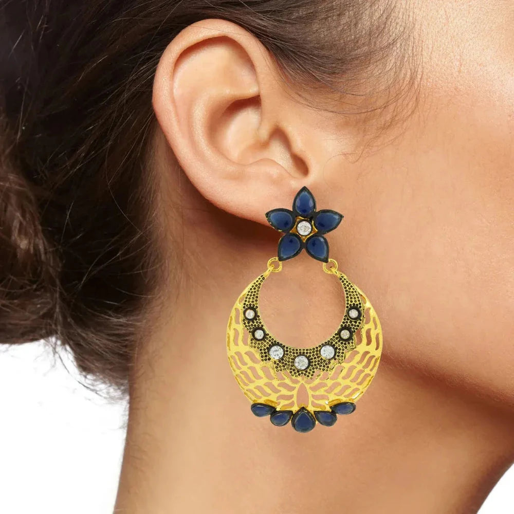 Stylish Flower Chaand Bali Earrings in blue and gold, ideal for enhancing ethnic outfits and special celebrations.