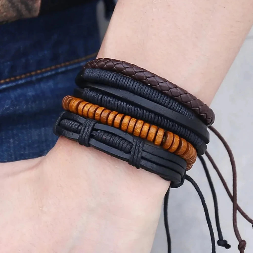 Stylish men's bracelet featuring genuine leather and wooden beads in a layered design.