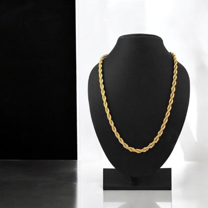 Stylish men's gold rope chain with an S-hook clasp, hypo-allergenic and rust-resistant, displayed on a sleek surface.